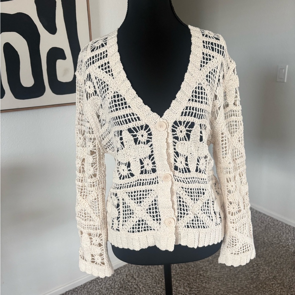 Anthropologie. Solitaire Boho Cream Crochet Button-Up Cardigan. Bohemian Size S